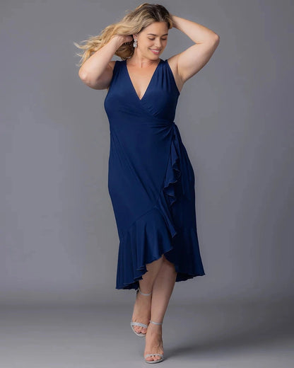 Elegant Sheath V-Neck Sleeveless Closed Back Ruffle Plus Size Wedding Guest Dress