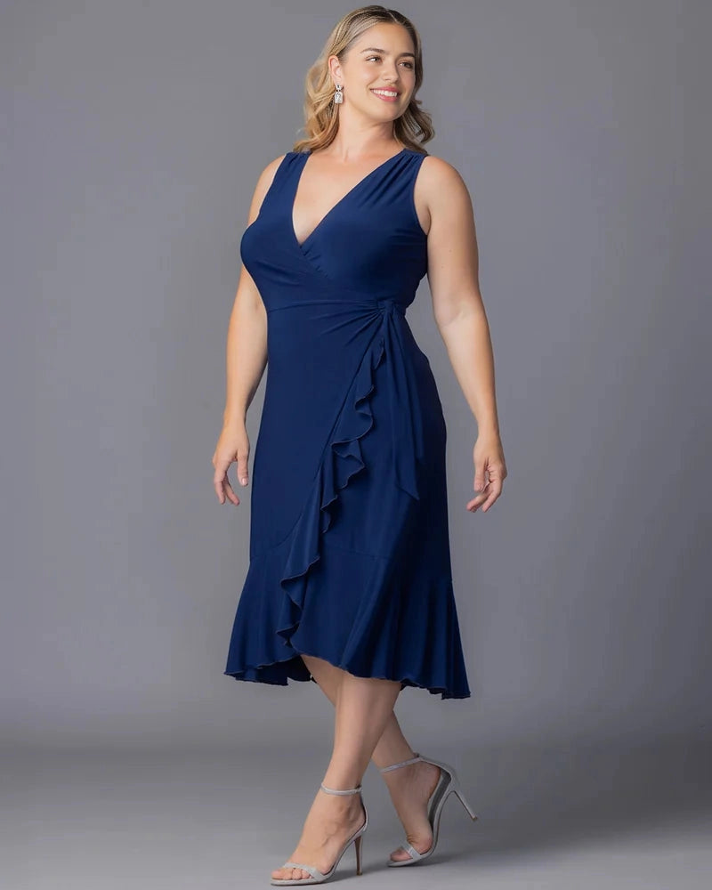 Elegant Sheath V-Neck Sleeveless Closed Back Ruffle Plus Size Wedding Guest Dress