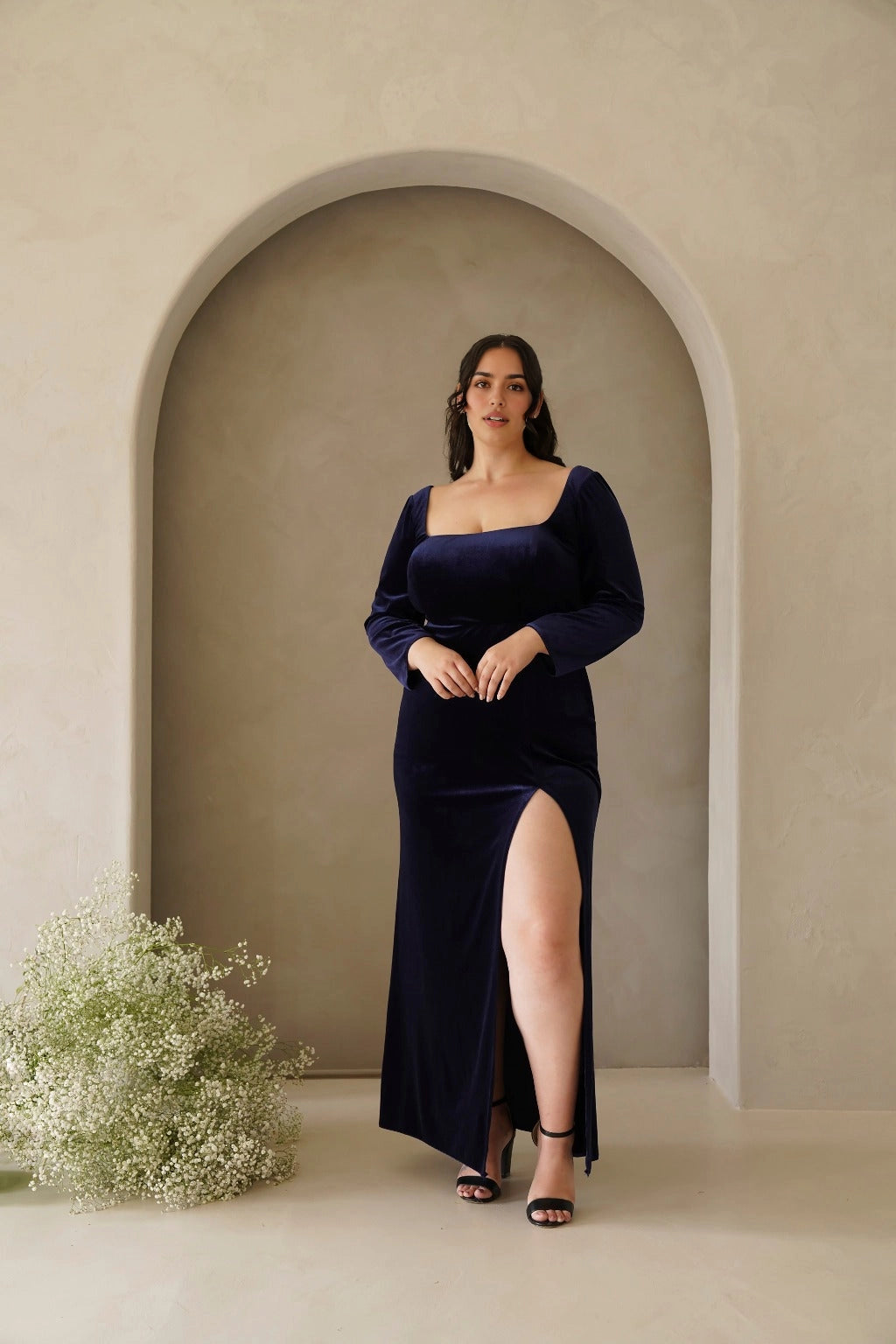 Elegant Sheath Square Neck Long Sleeve Scoop Back Plus Size Evening Dress