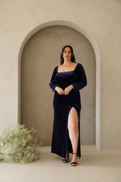 Elegant Sheath Square Neck Long Sleeve Scoop Back Plus Size Evening Dress