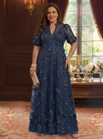 Plus size navy blue mother of the bride dress with high neckline, floral beaded embroidery, sheer short sleeves and A-line skirt by roselledress.