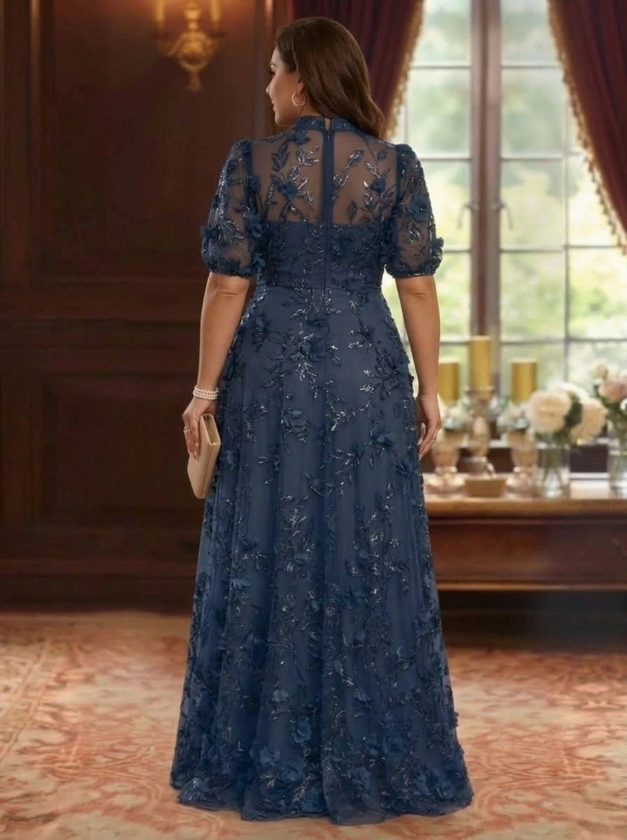 Back view of plus size navy blue mother of the bride dress featuring sheer floral back, embroidered sleeves and center zipper closure.