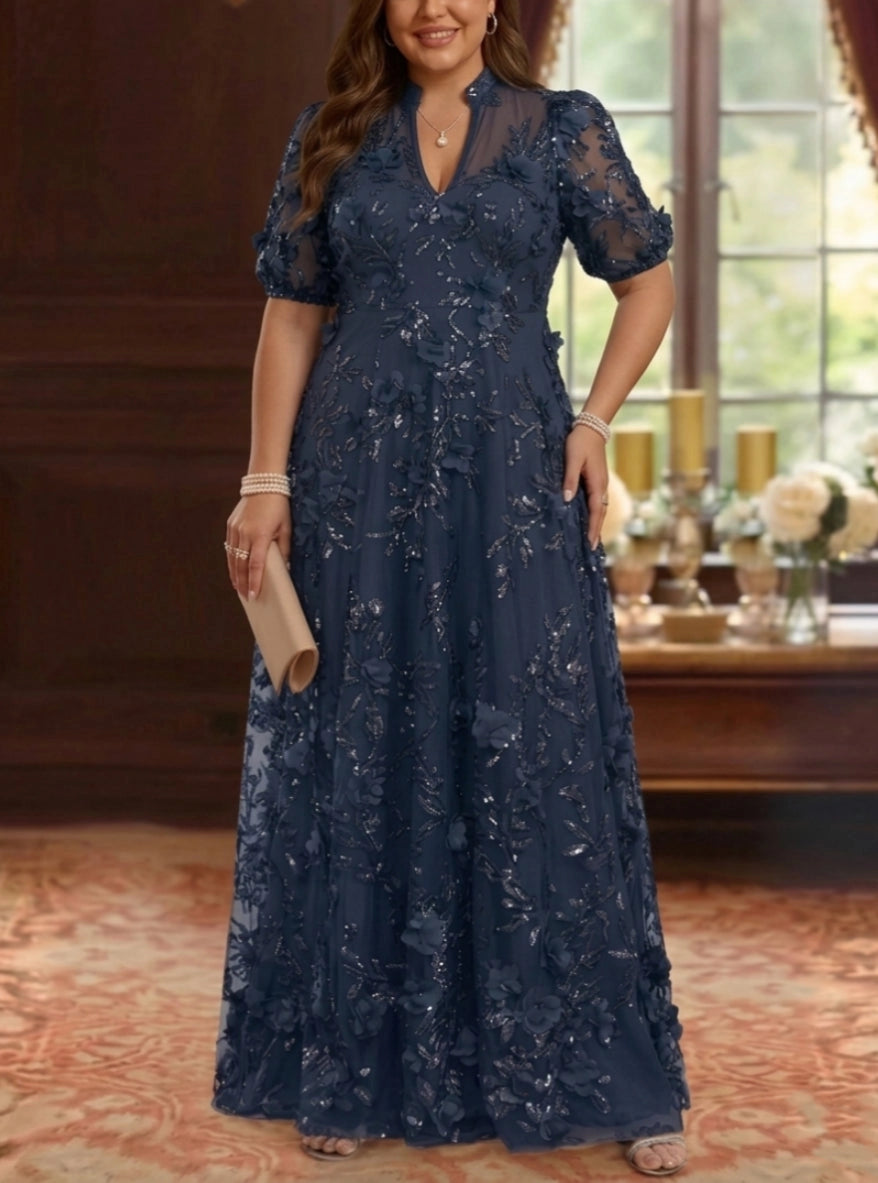 Elegant A-Line Floral-Beaded Zipper-Back Floor-Length Plus Size Mother of the Bride Dress