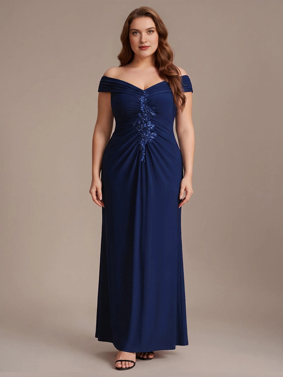 Plus size navy off-the-shoulder mother of the bride dress with V-neck, draped ruched bodice, sequin lace applique down front and fitted long skirt, front view
