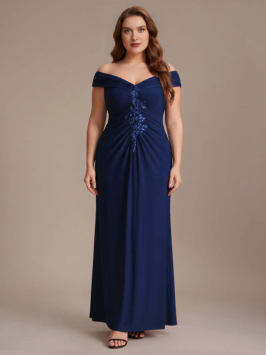 Plus size navy off-the-shoulder mother of the bride dress with V-neck, draped ruched bodice, sequin lace applique down front and fitted long skirt, front view
