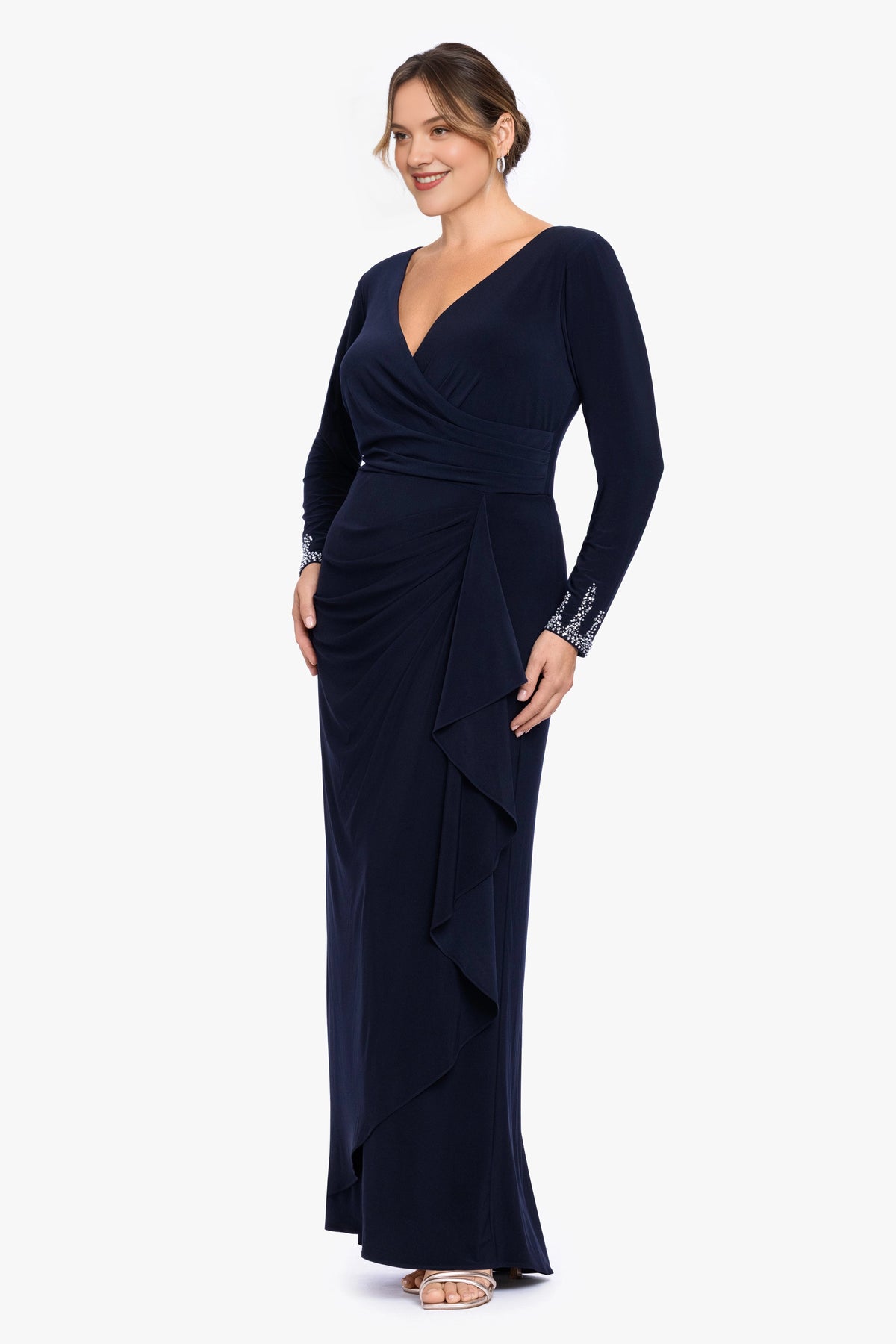 Plus Size Elegant Sheath V-Neck Long Sleeve Zipper Back Maxi Mother of the Bride Dress