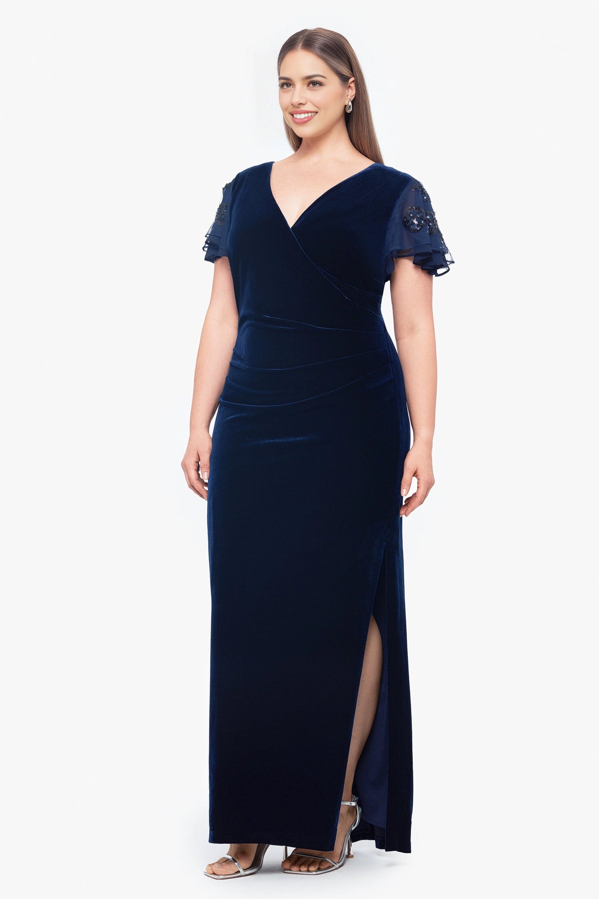 Plus Size Elegant Sheath V-Neck Sequin Sleeve Zipper Back Maxi Mother of the Bride Dress