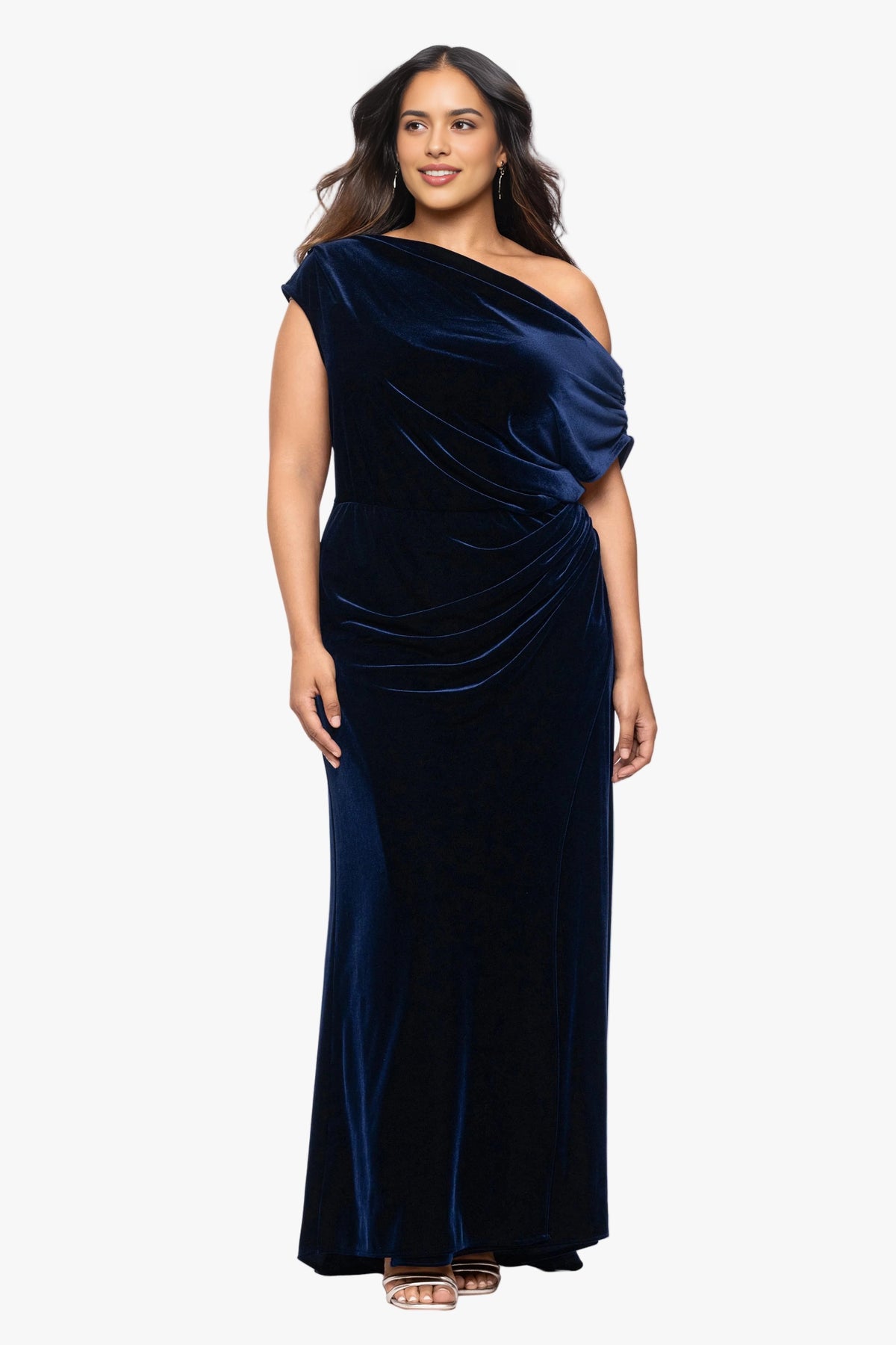 Navy blue plus size velvet wedding guest dress with asymmetric off shoulder neckline, draped bodice and ruched waist by roselledress