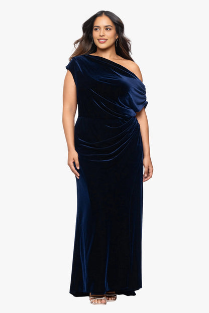 Navy blue plus size velvet wedding guest dress with asymmetric off shoulder neckline, draped bodice and ruched waist by roselledress