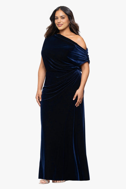 Elegant Plus Size Sheath Asymmetric Neck Draped Sleeve Back Maxi Wedding Guest Dress