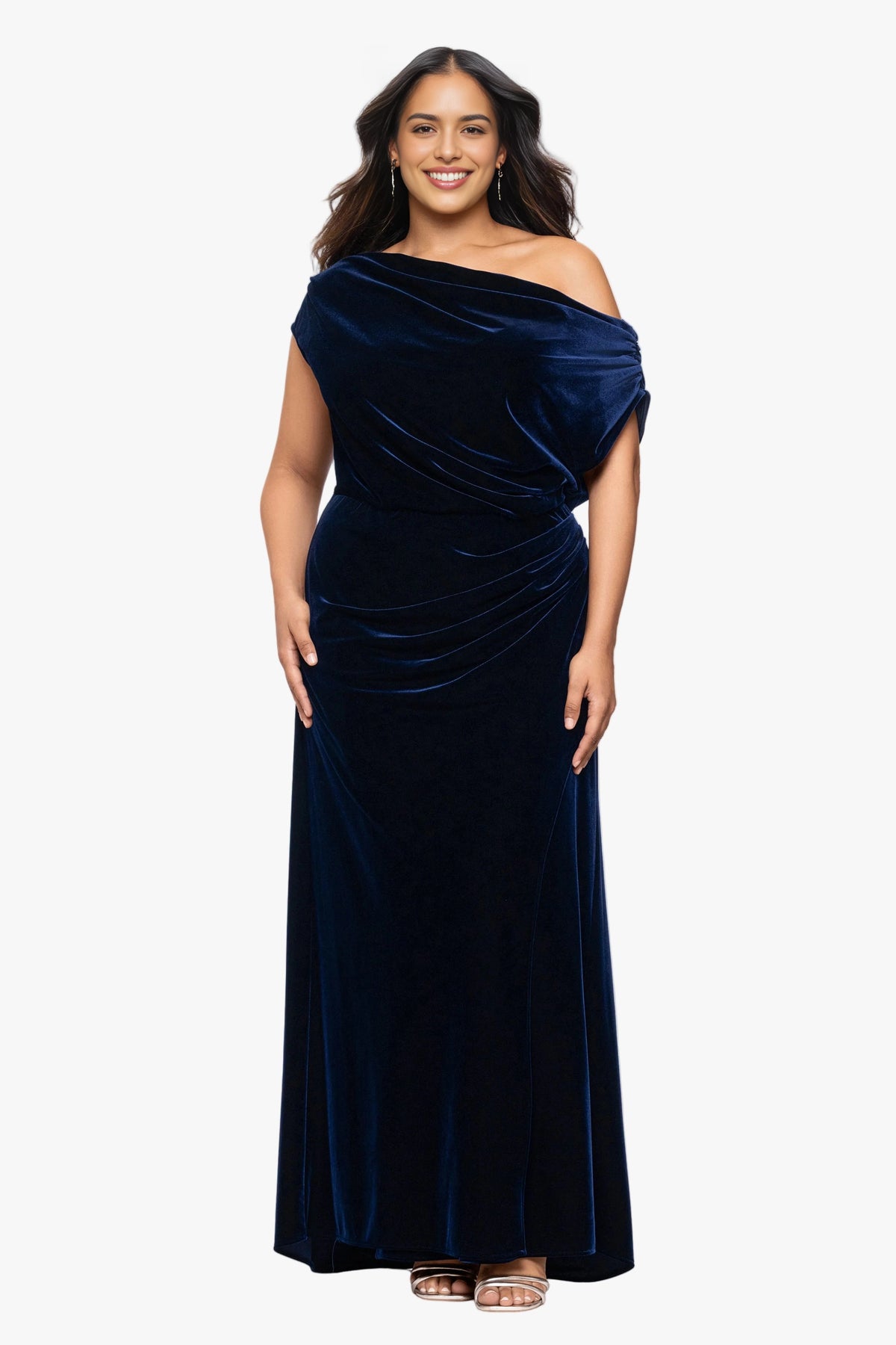 Elegant Plus Size Sheath Asymmetric Neck Draped Sleeve Back Maxi Wedding Guest Dress