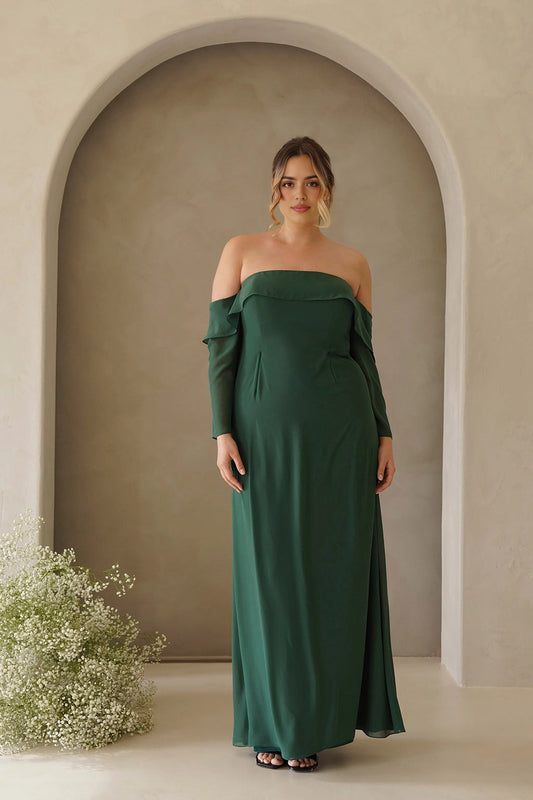 Forest green plus size A-line bridesmaid dress with off shoulder long sleeves, foldover neckline and floor-length skirt by roselledress