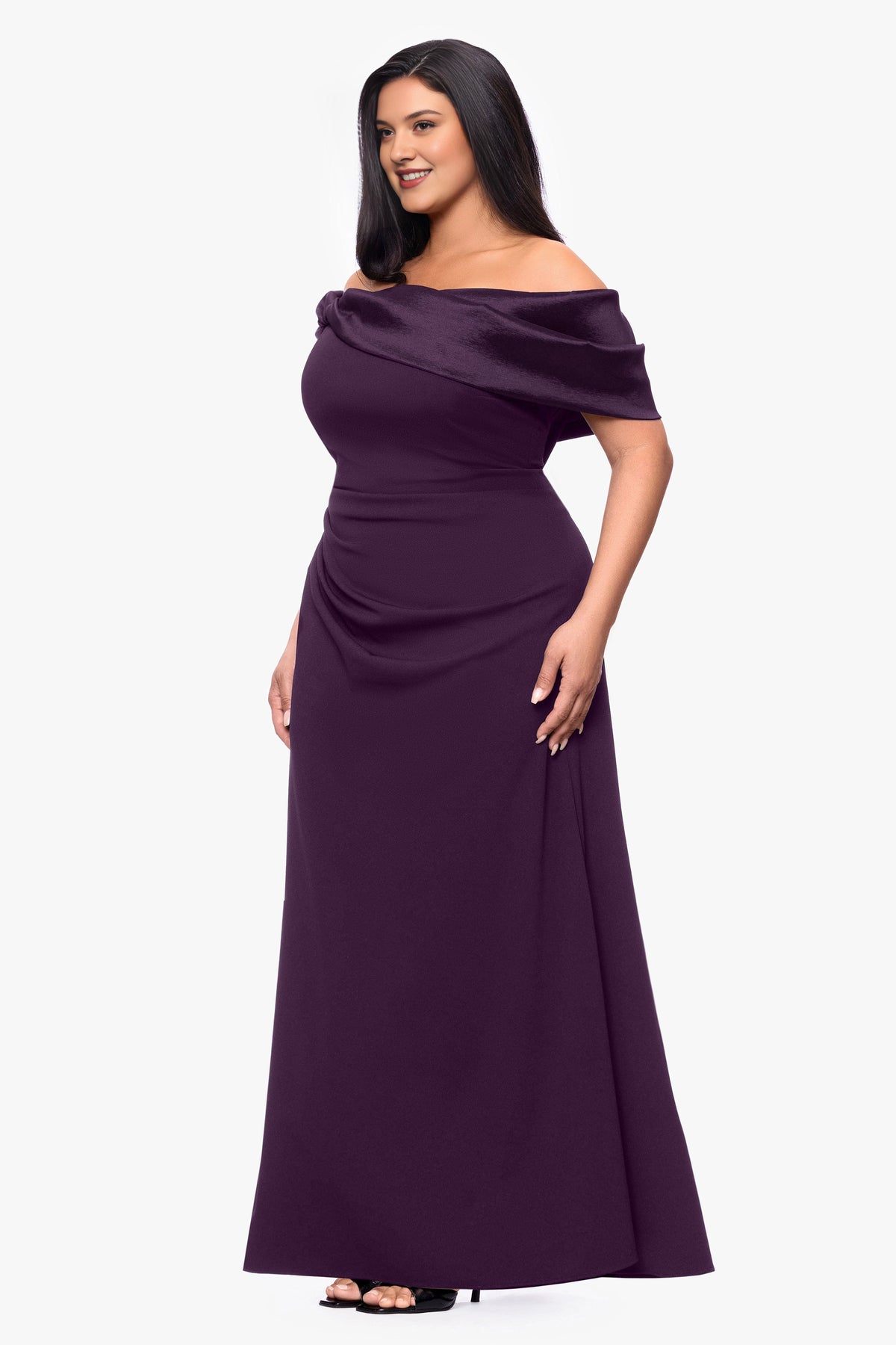 Elegant A-Line Off-Shoulder Draped-Sleeve Zipper-Back Floor-Length Plus-Size Wedding Guest Dress