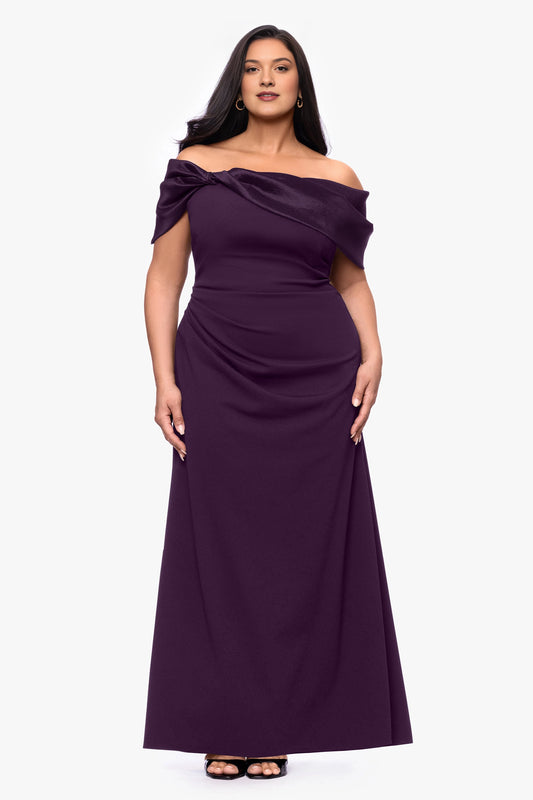 Plus size plum wedding guest dress with off-shoulder draped sleeves, ruched waist and floor-length A-line skirt by roselledress.