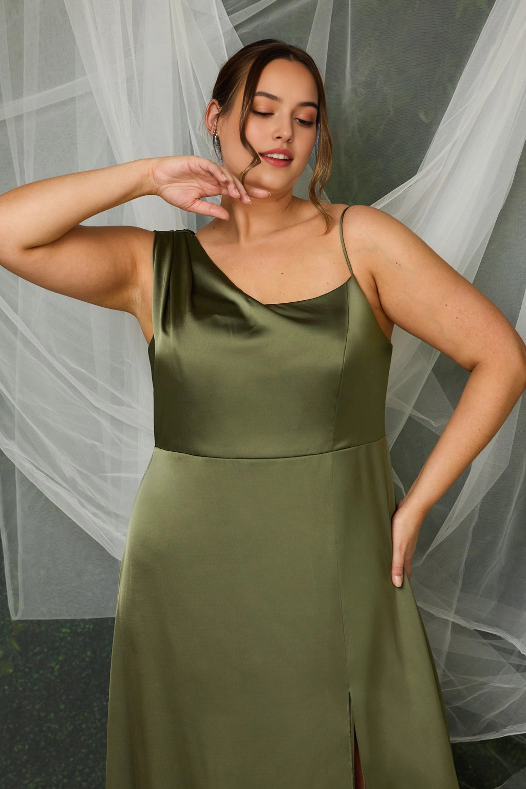 Elegant A-Line Asymmetric One Shoulder Draped Back Long Plus Size Bridesmaid Dress