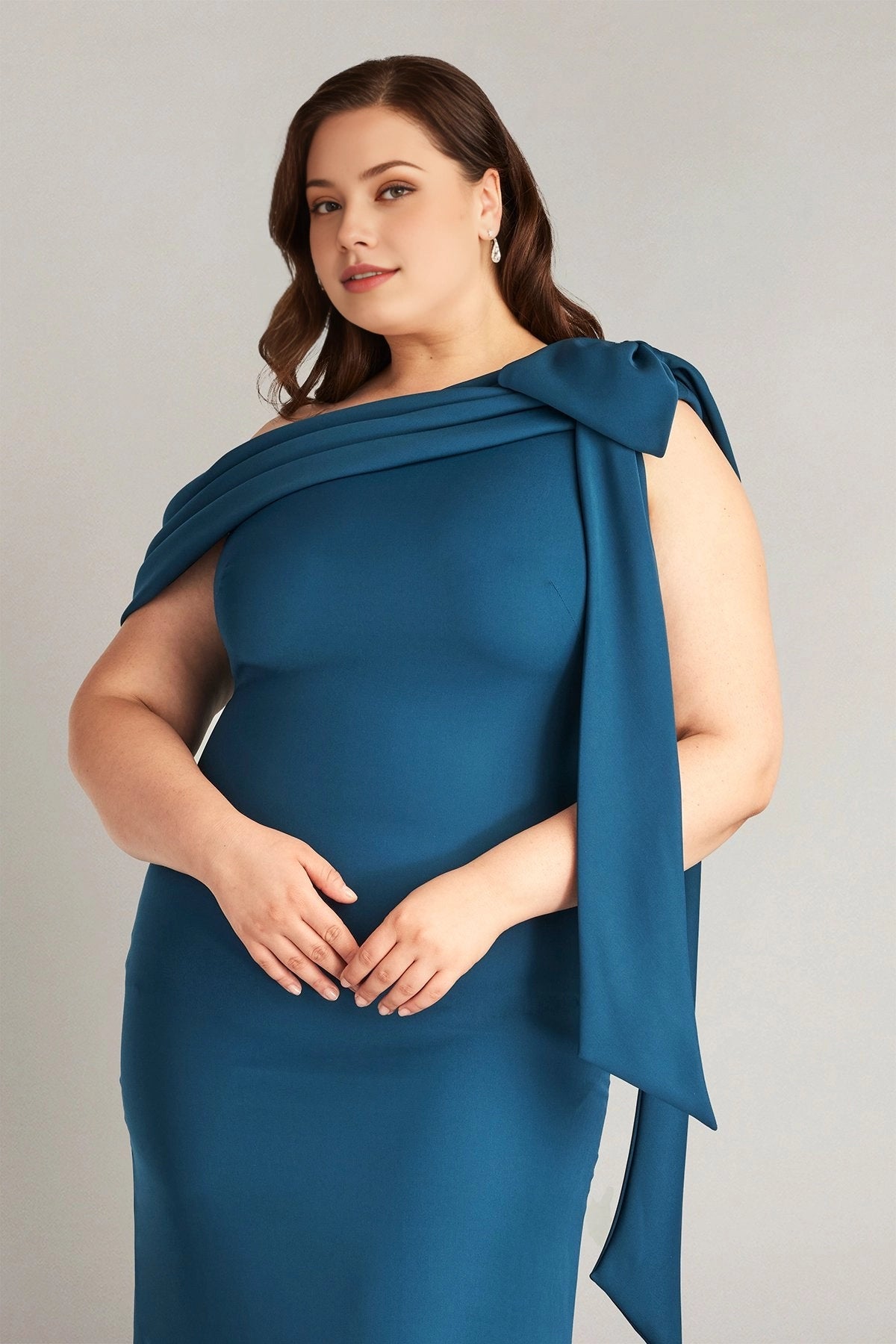 Plus Size Elegant Mermaid Asymmetric Neck Draped  Back Floor Length Wedding Guest Dress