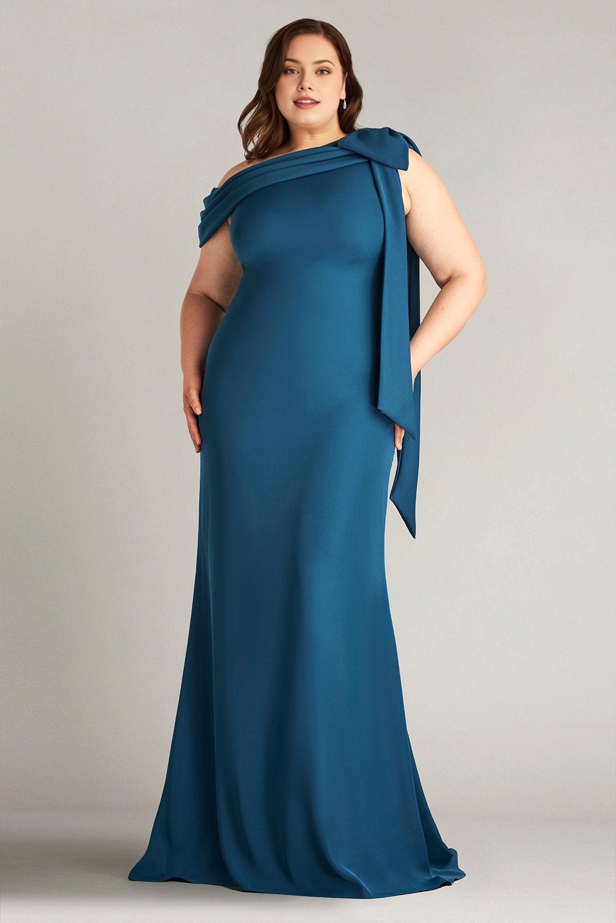 Teal blue plus size mermaid wedding guest dress with asymmetric one shoulder neckline, draped bow detail and floor-length skirt by roselledress