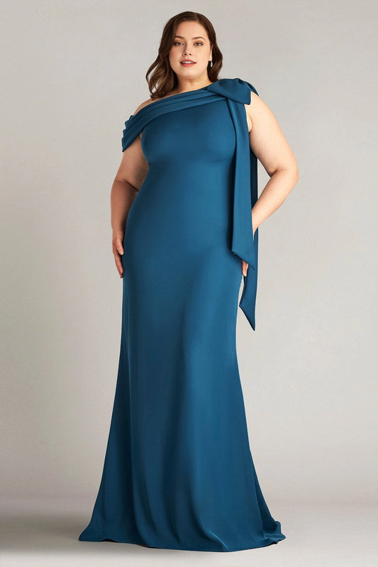 Teal blue plus size mermaid wedding guest dress with asymmetric one shoulder neckline, draped bow detail and floor-length skirt by roselledress