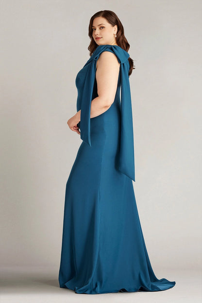 Plus Size Elegant Mermaid Asymmetric Neck Draped  Back Floor Length Wedding Guest Dress