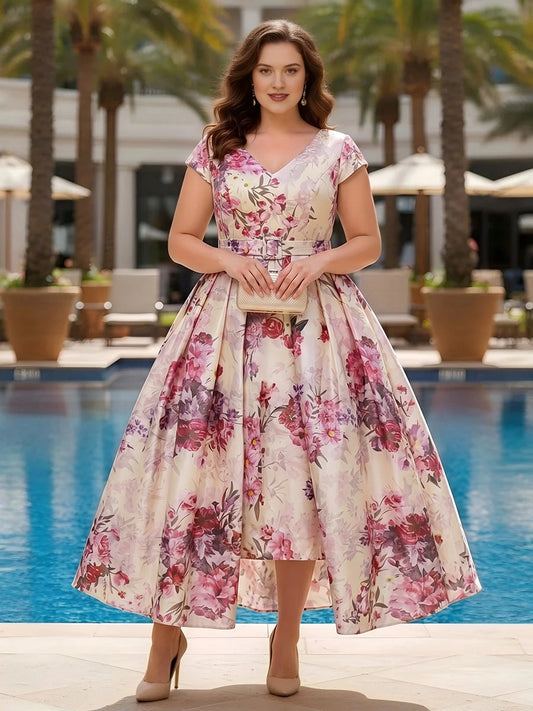 Plus size pink floral satin wedding guest dress with V-neck, cap sleeves, belted waist and high-low full skirt, front view
