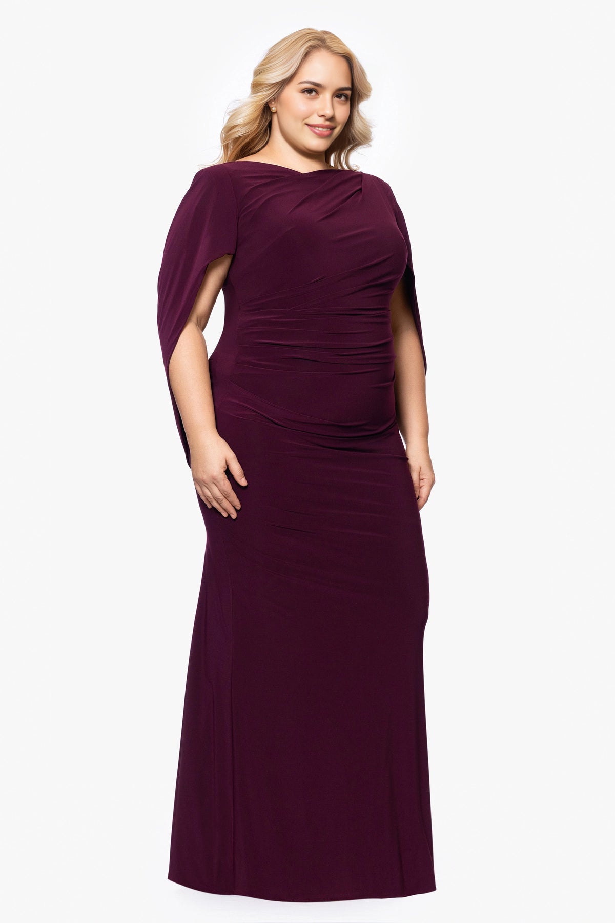 Plus Size Elegant Sheath Boat Neck Cape Sleeve V-Back Maxi Wedding Guest Dress