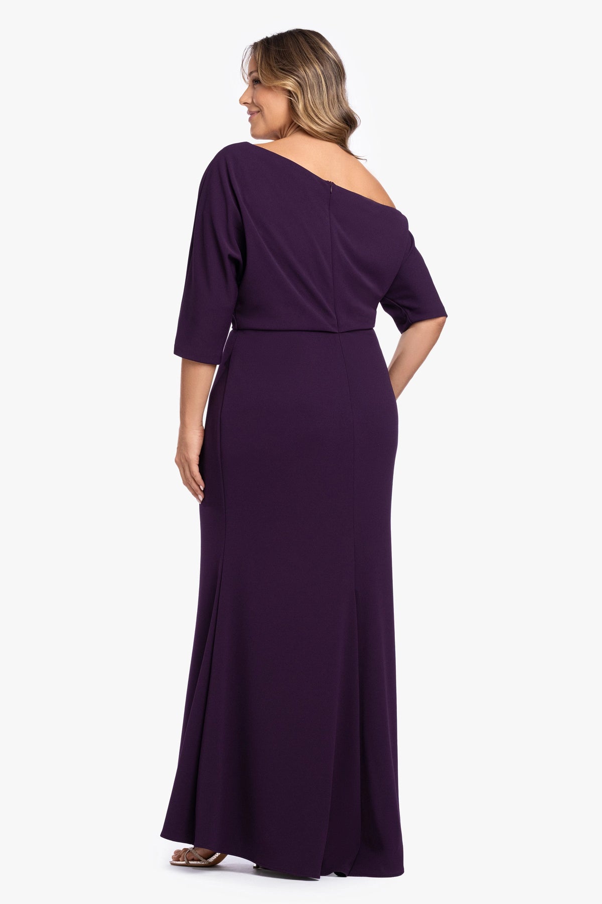 Back view of plum purple plus size mother of the bride dress featuring asymmetric neckline, center zipper and floor-length flared skirt by roselledress