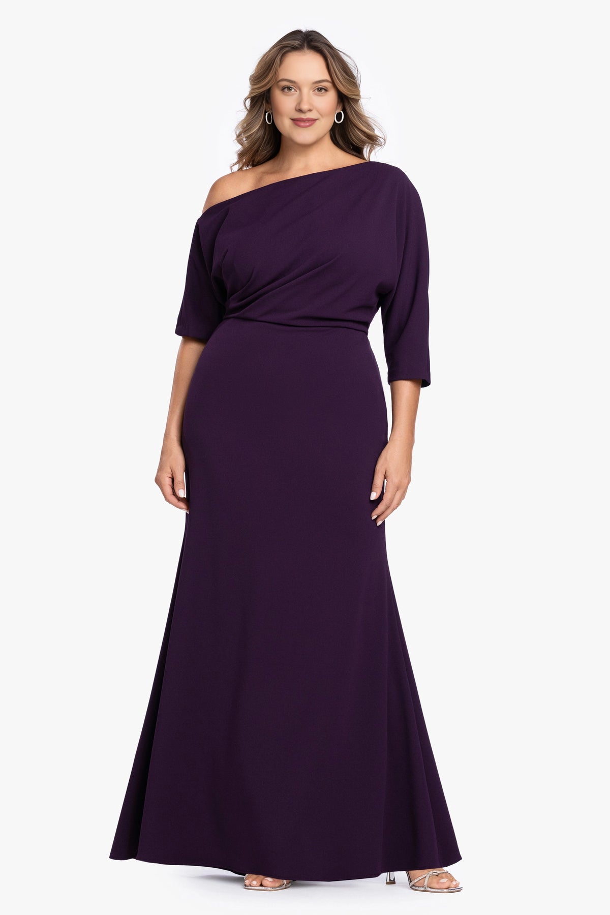 Plum purple plus size mother of the bride dress with asymmetric off shoulder neckline, elbow-length sleeves, draped bodice and mermaid skirt by roselledress