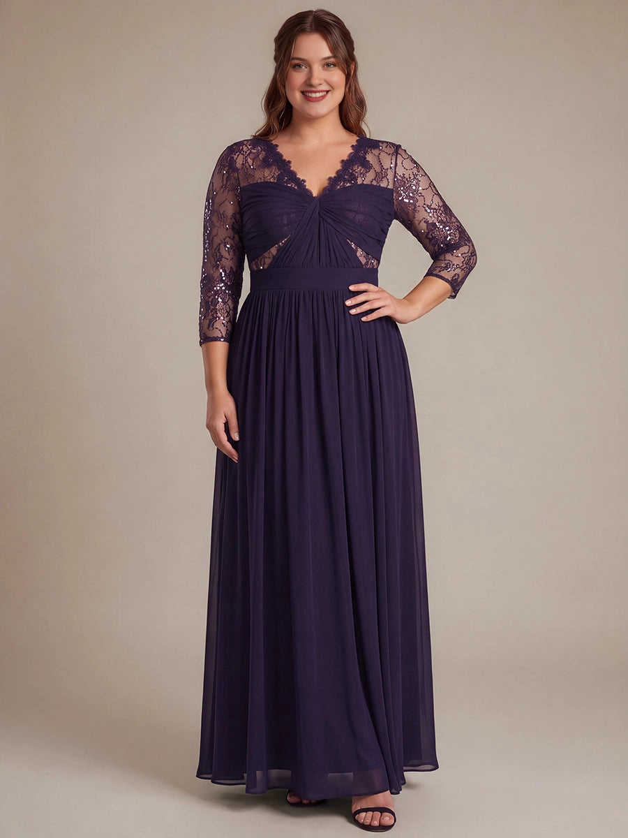Plus size plum purple sequin lace mother of the bride dress with V-neck, 3/4 sheer sleeves, twisted bust, empire waist and flowing chiffon long skirt, front view
