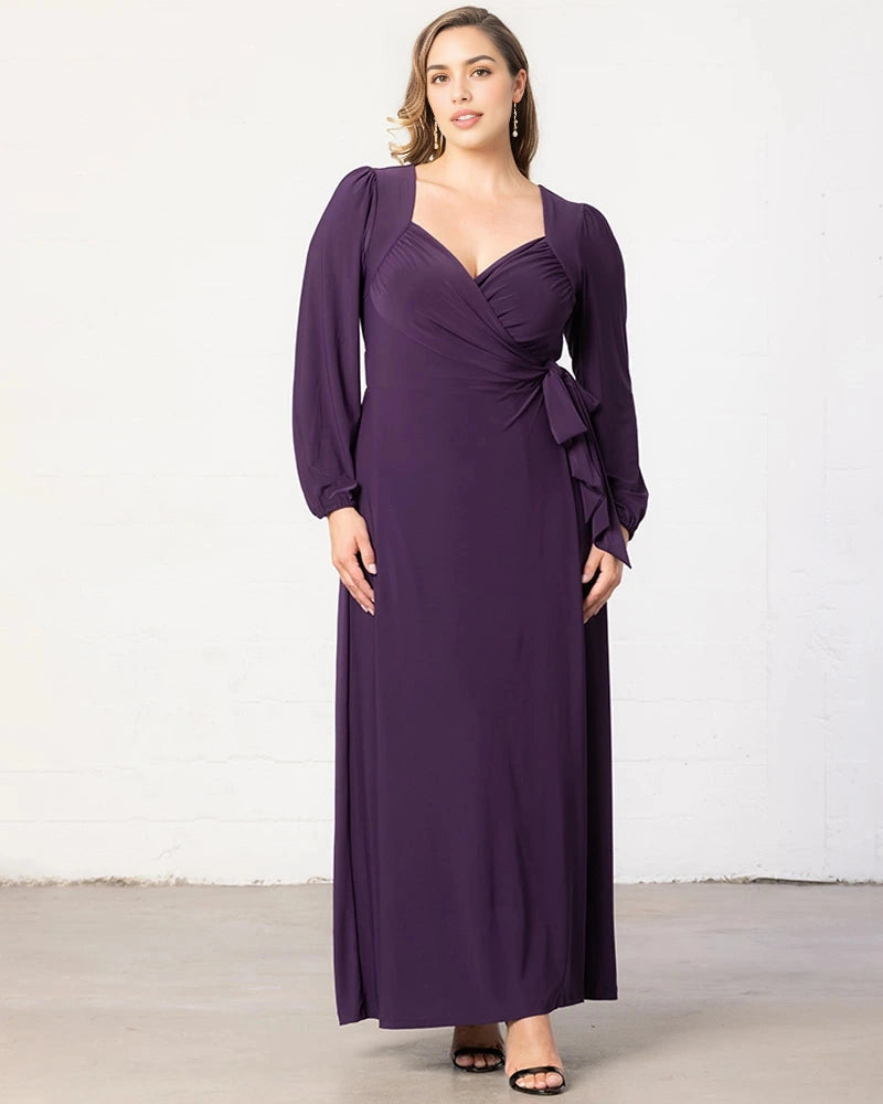 Plus Size Elegant A-Line V-Neck Long Sleeve Closed Back Maxi Wedding Guest Dress