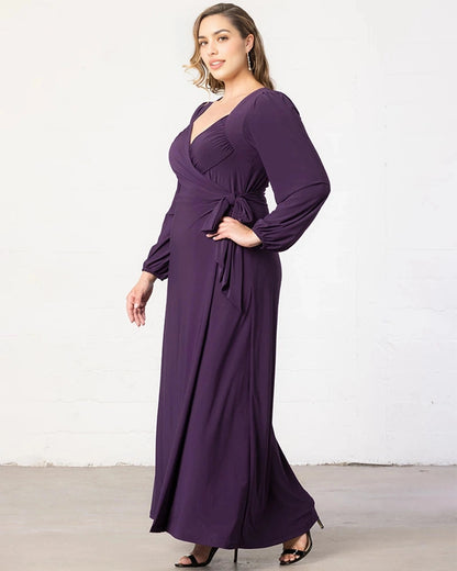 Plus Size Elegant A-Line V-Neck Long Sleeve Closed Back Maxi Wedding Guest Dress