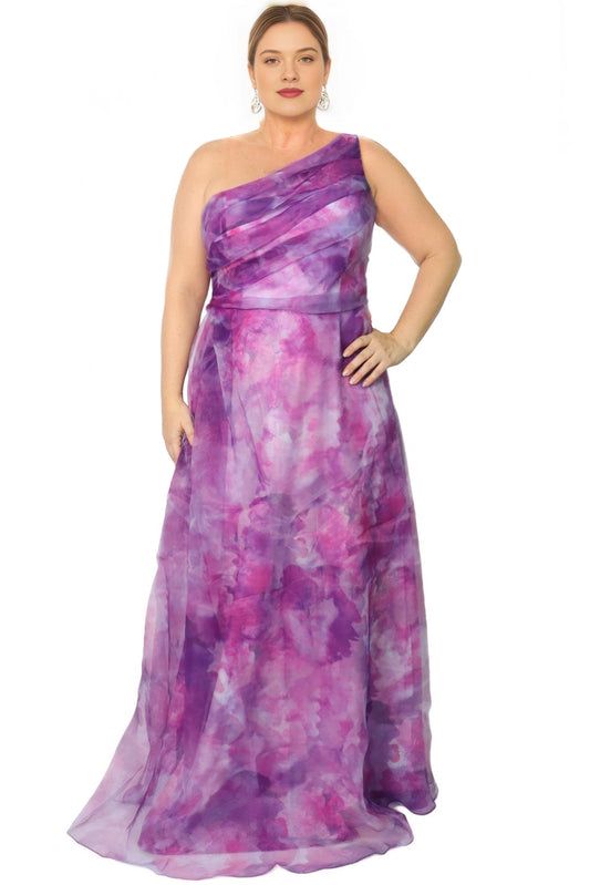 Plus size purple pink watercolor chiffon one-shoulder wedding guest dress with draped ruched bodice and flowing long A-line skirt, front view
