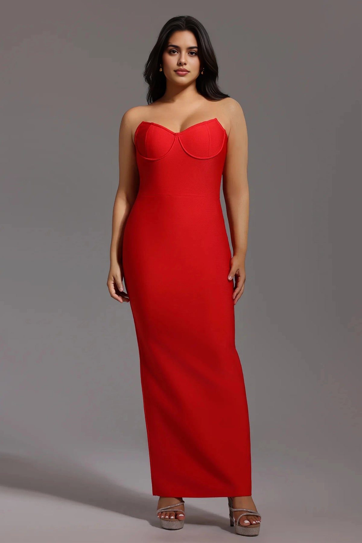 Plus size red wedding guest dress featuring sweetheart neckline, strapless bodice, fitted sheath silhouette and floor length design by roselledress.