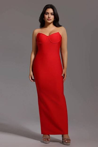 Plus size red wedding guest dress featuring sweetheart neckline, strapless bodice, fitted sheath silhouette and floor length design by roselledress.