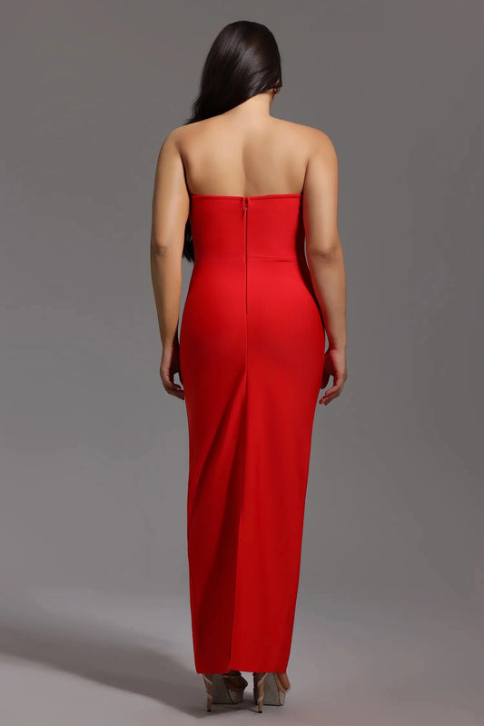Back view of plus size red wedding guest dress with strapless straight back, center zipper closure and elegant fitted maxi skirt.