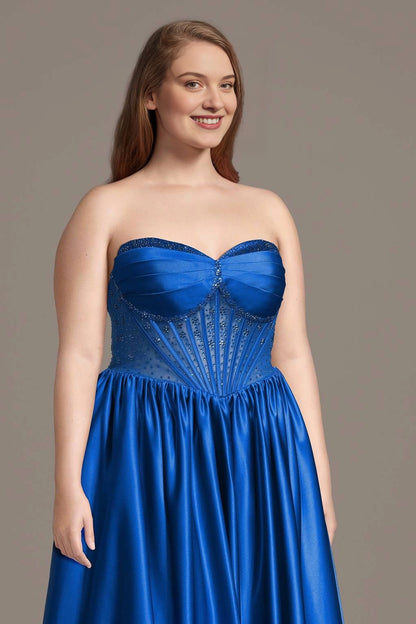 Elegant A-Line Sweetheart Strapless Lace-Up-Back Floor-Length Plus Size Evening Dress
