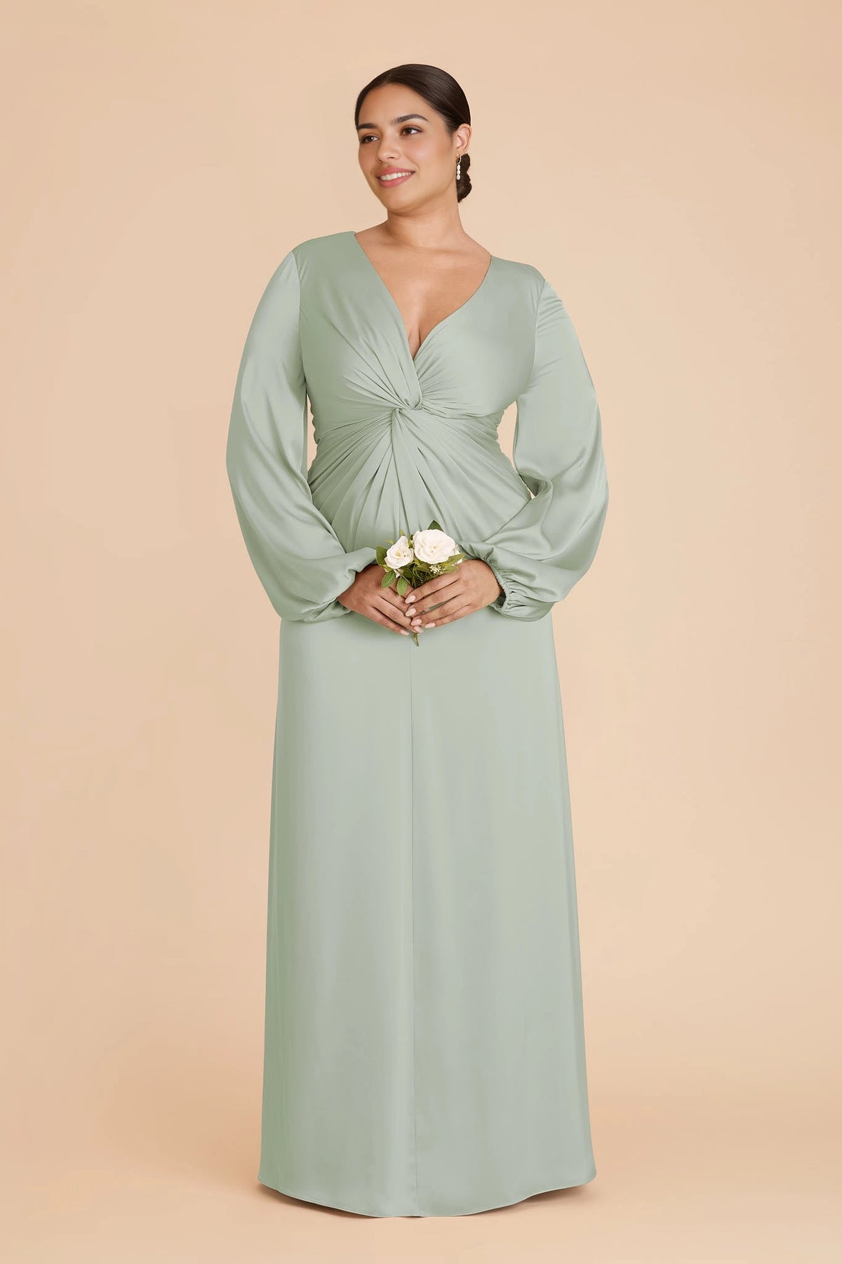 Elegant Plus Size A-Line V-Neck Bishop Sleeve Zipper Back Maxi Bridesmaid Dress