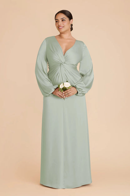 Elegant Plus Size A-Line V-Neck Bishop Sleeve Zipper Back Maxi Bridesmaid Dress