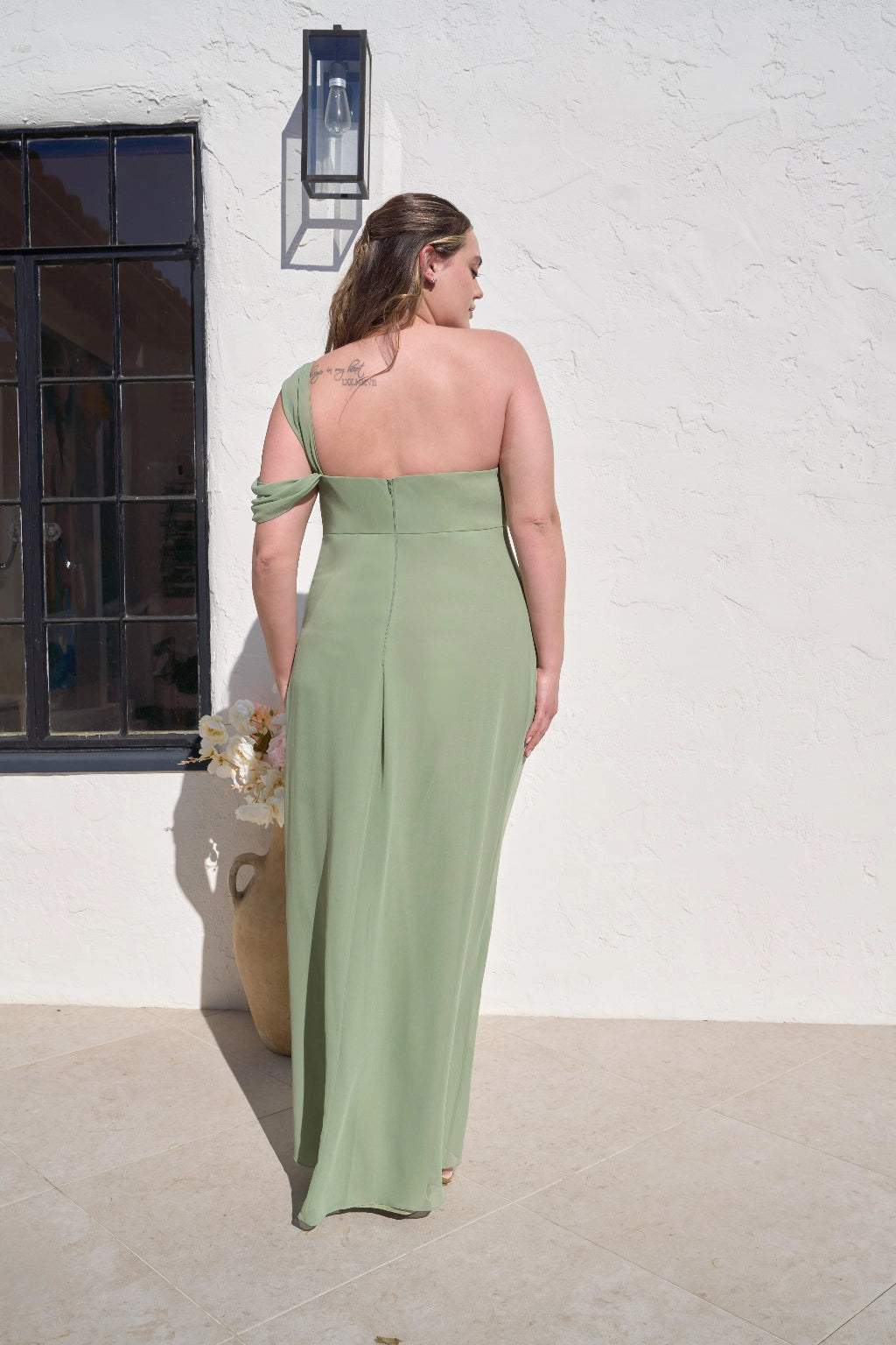 Elegant Sheath One Shoulder Floral Detail Zipper Back Plus Size Maxi Bridesmaid Dress