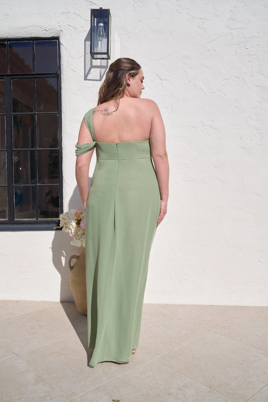 Elegant Sheath One Shoulder Floral Detail Zipper Back Plus Size Maxi Bridesmaid Dress