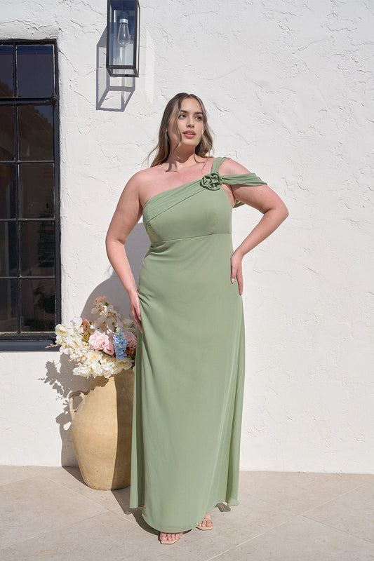 Elegant Sheath One Shoulder Floral Detail Zipper Back Plus Size Maxi Bridesmaid Dress