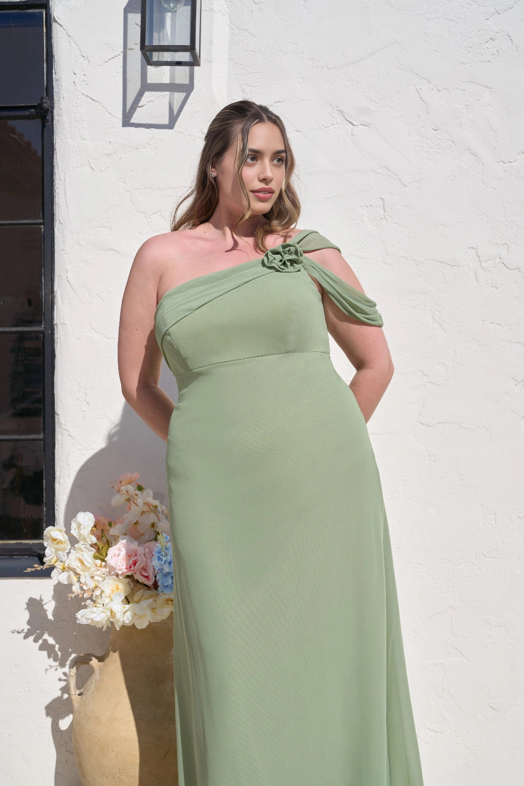 Elegant Sheath One Shoulder Floral Detail Zipper Back Plus Size Maxi Bridesmaid Dress