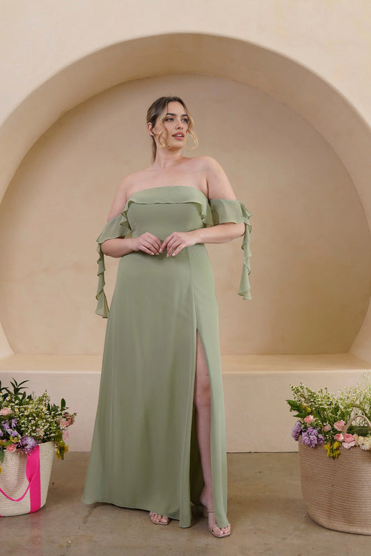 Sage green plus size A-line bridesmaid dress with off shoulder ruffle sleeves, straight neckline and thigh high slit by roselledress