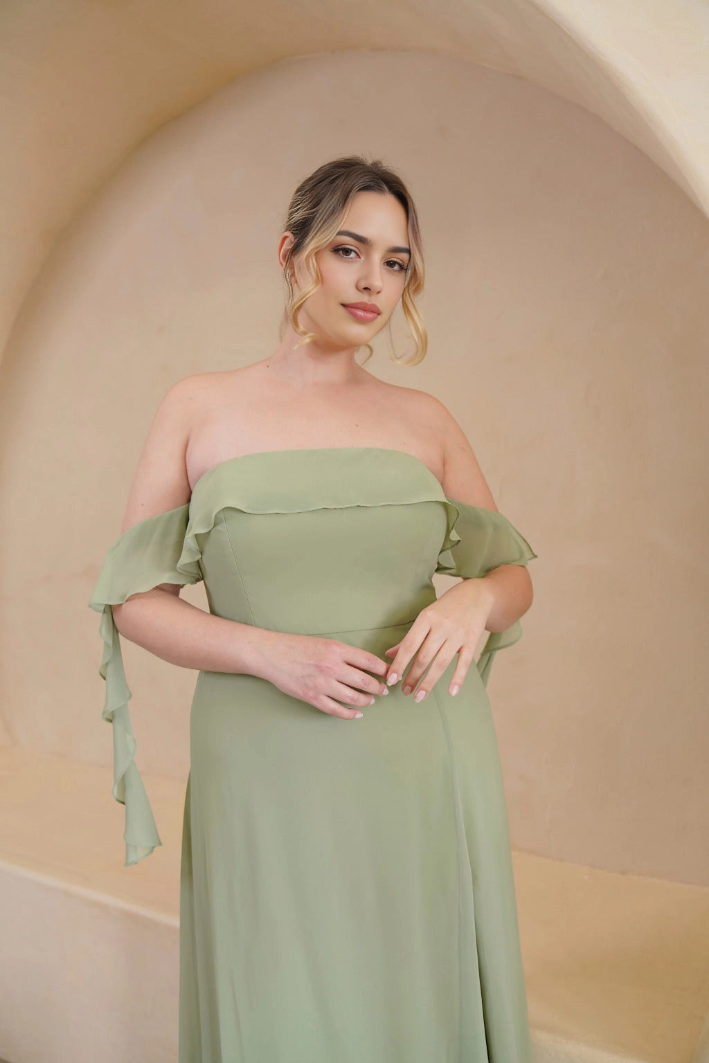 Elegant A-Line Straight Neck Ruffle Sleeve Zipper Back Floor Length Bridesmaid Dress