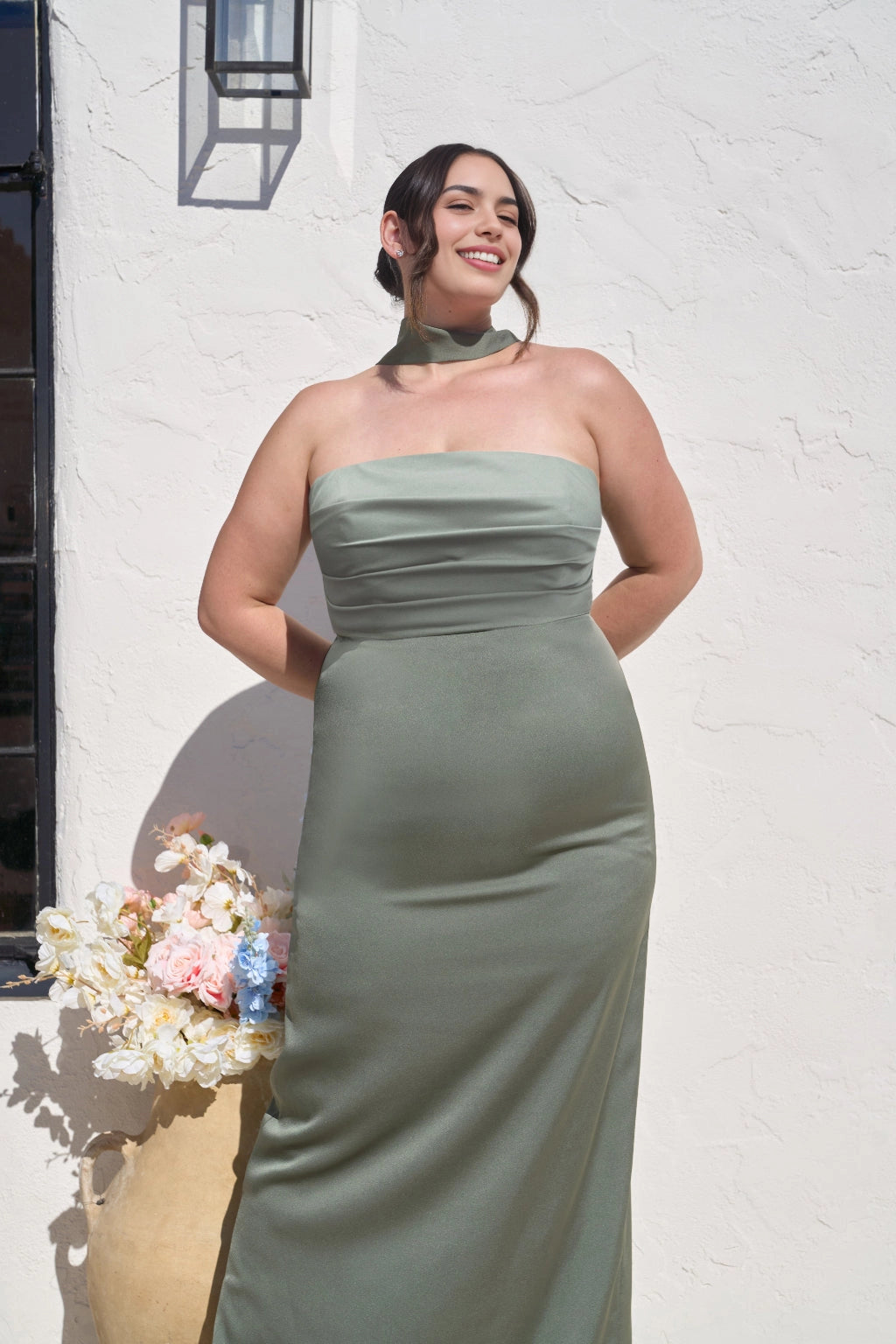 Elegant Sheath Straight Neck Strapless Zipper Back Long Plus Size Bridesmaid Dress