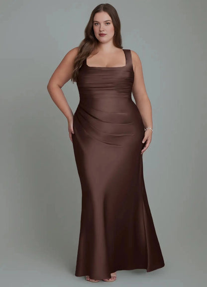 Plus size brown bridesmaid dress with square neckline, sleeveless design, mermaid silhouette and floor length skirt by roselledress.