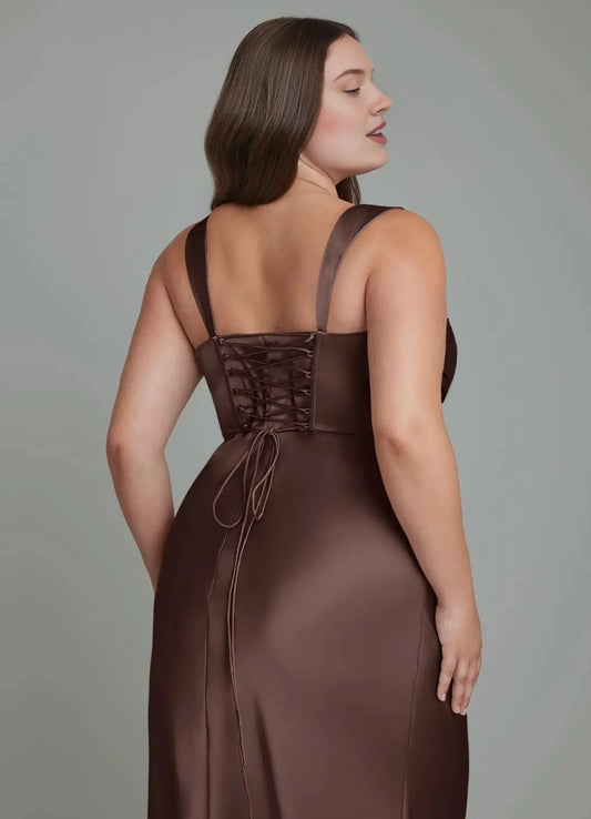 Back view of plus size brown bridesmaid dress featuring corset lace-up back, adjustable tie detail and elegant mermaid silhouette.
