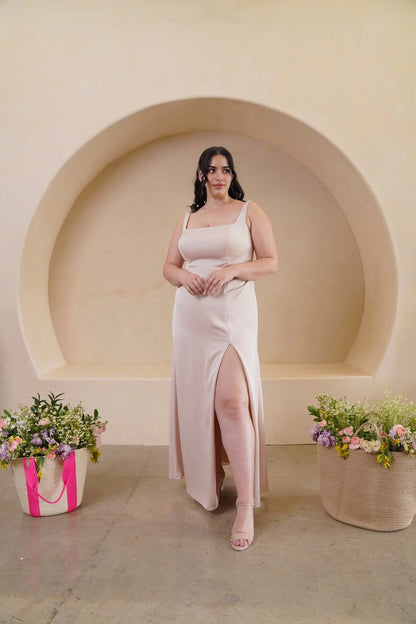 Elegant Sheath Square Neck Sleeveless Scoop Back Floor Length Bridesmaid Dress