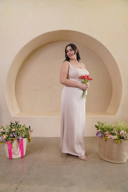 Elegant Sheath Square Neck Sleeveless Scoop Back Floor Length Bridesmaid Dress