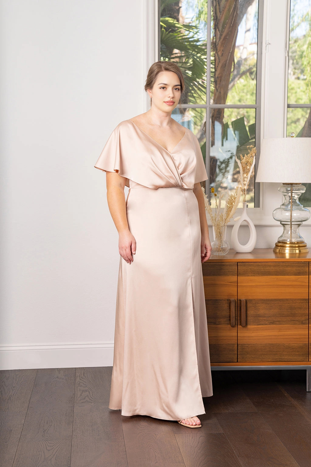 Elegant Plus Size A-Line V-Neck Flutter Sleeve V-Back Floor Length Bridesmaid Dress