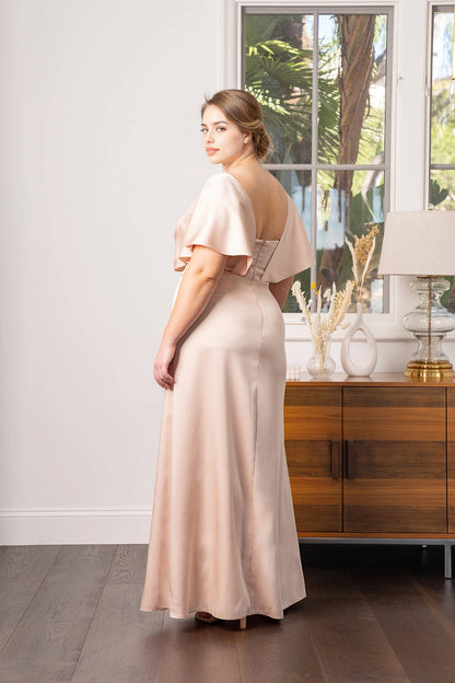 Elegant Plus Size A-Line V-Neck Flutter Sleeve V-Back Floor Length Bridesmaid Dress